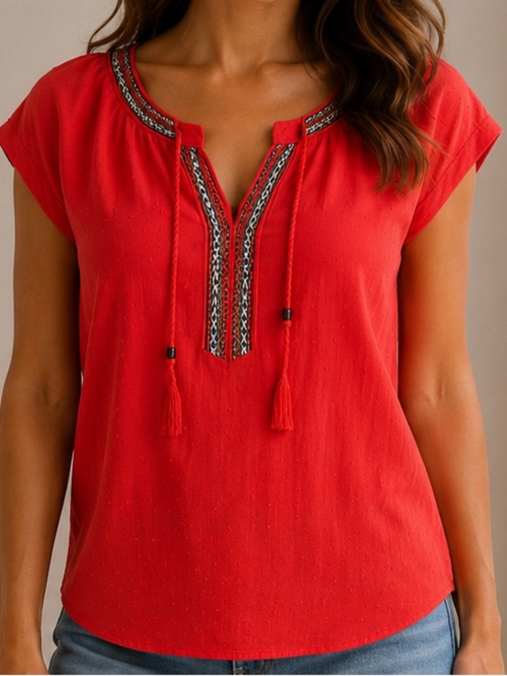 DR2 Red Tassel Embroidered V-Neck Blouse